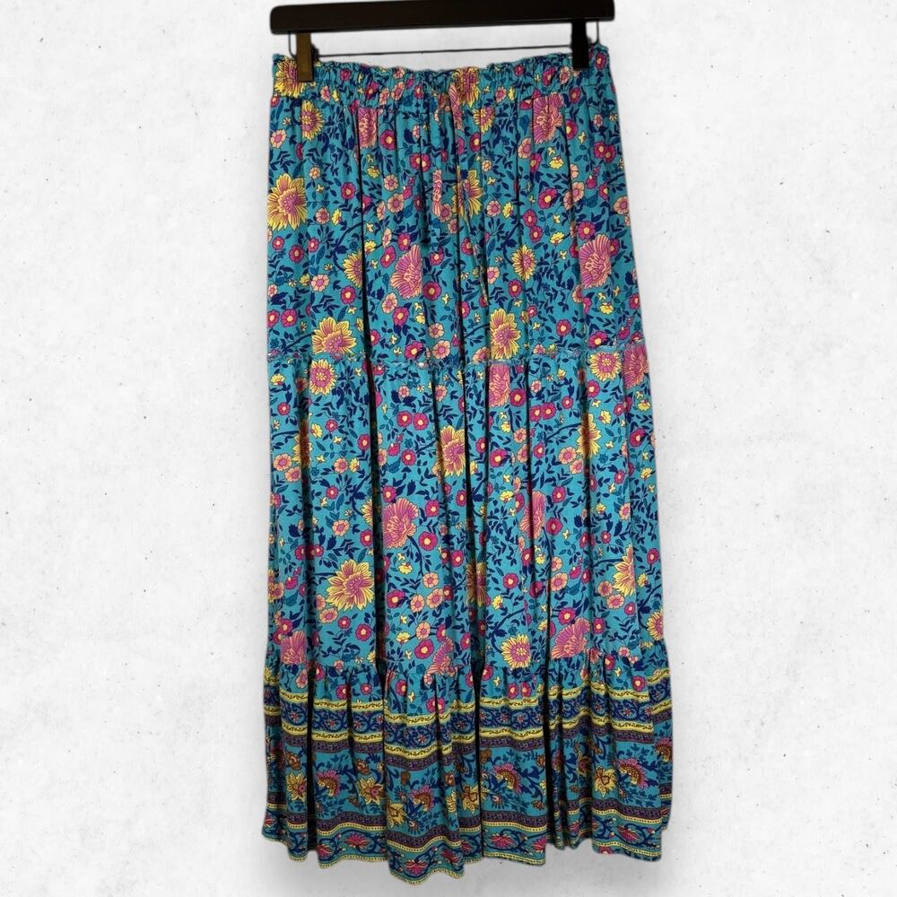 Merokeety Turquoise Dream Floral Print Long Skirt Women's Size L w/ Pockets